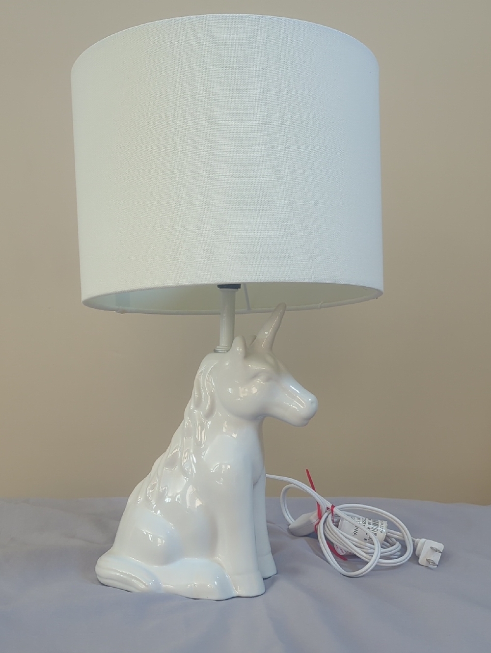 Unicorn White Ceramic Table Lamp with Fabric Shade